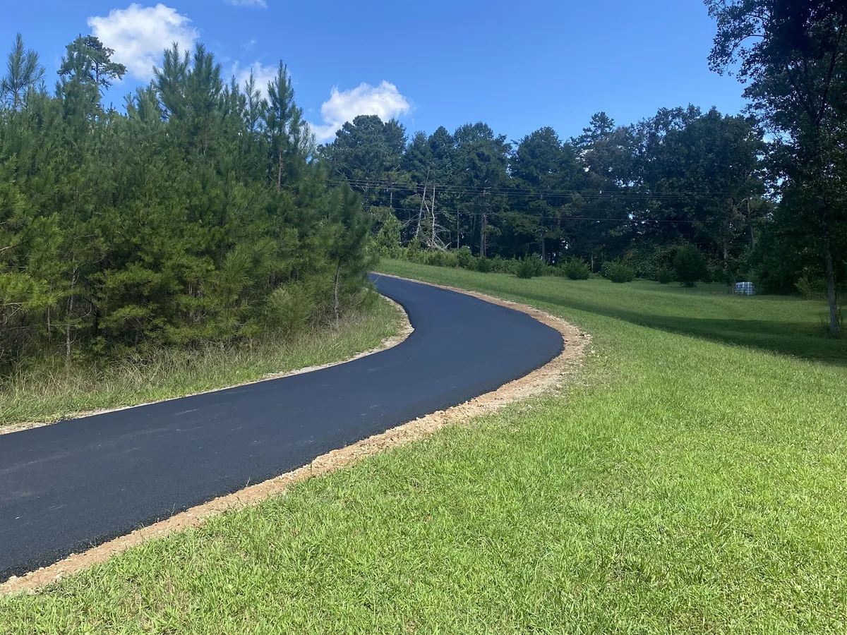 New asphalt driveway curving through a mown lawn toward a line of trees