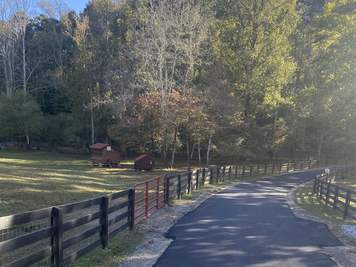 New asphalt lane running between black board fences past an open pasture